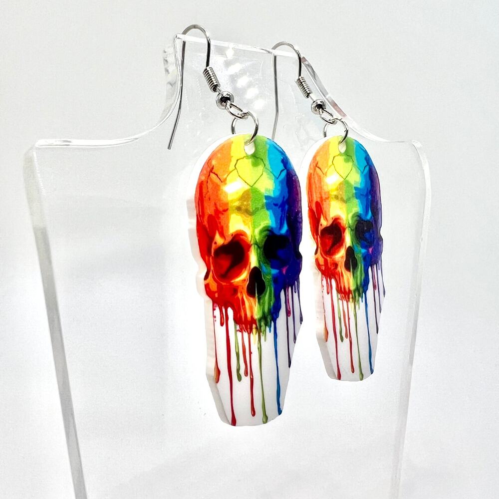 Rainbow Skull Earrings - Halloween Earrings - Goth Accessories - Pride Earrings - Picture 2 of 8
